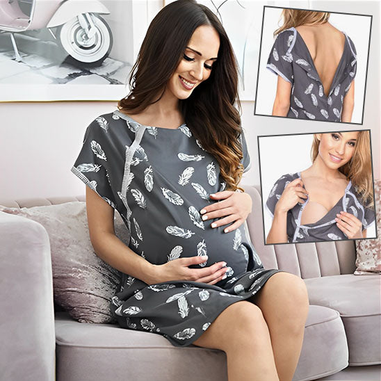 Femme portant une chemise de nuit manches courtes pour allaitement – couleur gris clair-sphere de maman-nourrison
