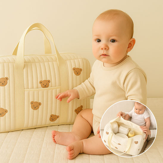 Sac de maman multifonction avec ours en dessin animé brodé . Idéal comme sac parent-enfant, spacieux, confortable à porter et au style unique-sphere de maman-nourrison