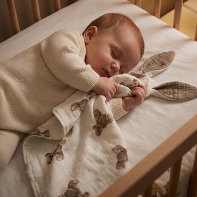 Doudou apaisante pour bébé avec oreilles de lapin, tissu en coton mousseline doux et léger