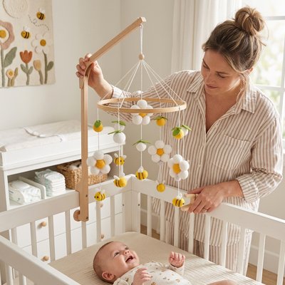 Mobile bébé mobile décoratif avec étoiles et cloche en bois