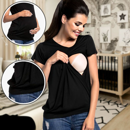Femme enceinte portant un T-shirt de maternité à manches courtes couleur unie-sphere de maman-nourrison