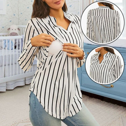 Haut pour femmes enceintes adapté à l’allaitement, manches longues, col en V, design élégant et pratique-sphere de maman-nourrison
