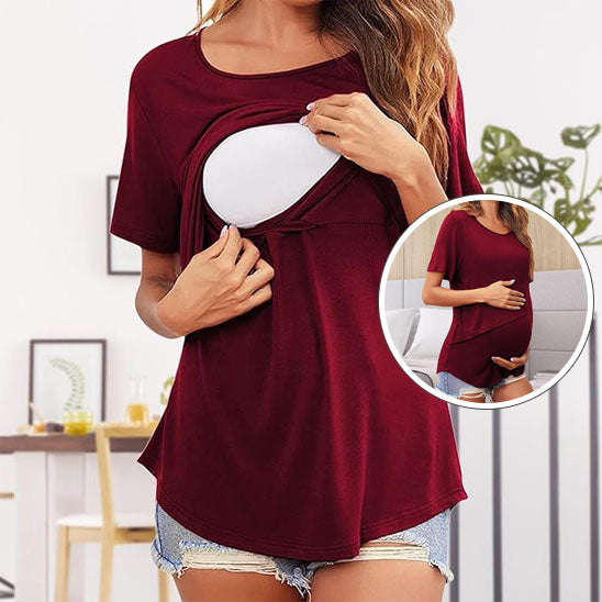 Haut d’allaitement femme col rond à manches courtes – pratique et stylé-sphere de maman-nourrison