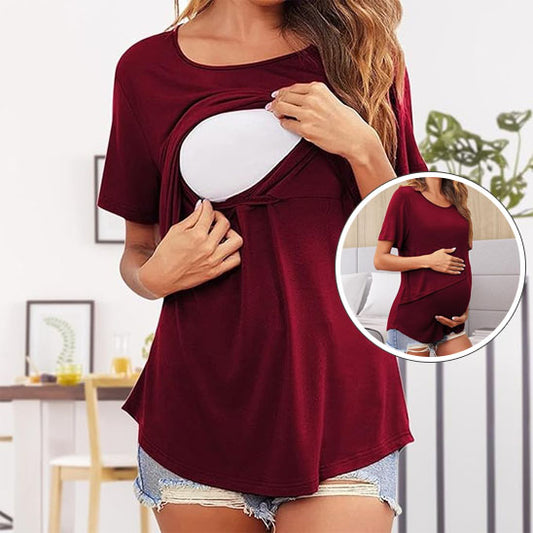 Haut d’allaitement femme col rond à manches courtes – pratique et stylé-sphere de maman-nourrison