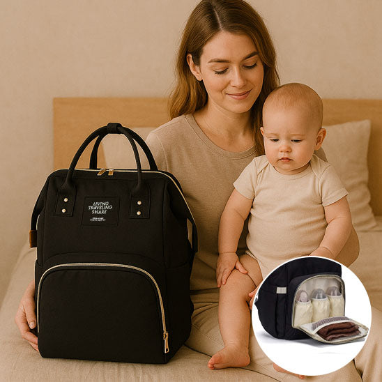 Intérieur du sac momie avec compartiments et biberons rangés-sphere de maman-nourrison