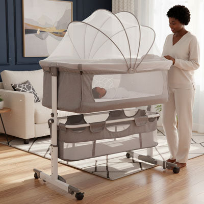 Lit de voyage 3 en 1 pour bébé avec berceau à bascule, hauteur réglable et moustiquaire intégrée, installé dans une chambre moderne.