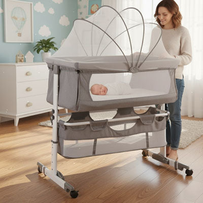 Lit de voyage 3 en 1 pour bébé avec moustiquaire intégrée, hauteur réglable et berceau à bascule, utilisé dans une chambre de bébé lumineuse.