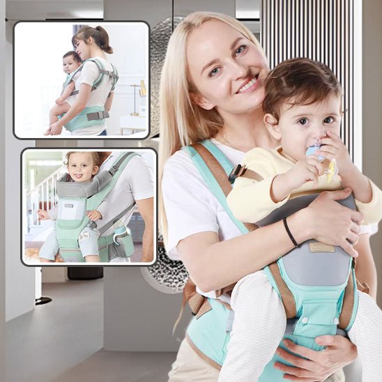 Maman souriante portant son bébé dans un porte-bébé Ergobaby- Sphere de maman - nourrison