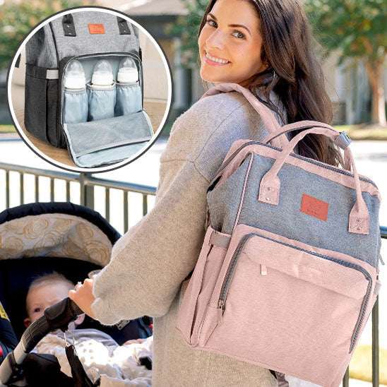 Sac à langer gris avec biberons, couches et jouets organisés dans les compartiments-sphere de maman-nourrison