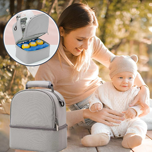 Sac à main isolant double compartiment gris avec biberons et accessoires bébé-sphere de maman-nourrison