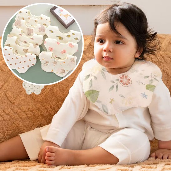Bavoir bébé en coton léger, texture pétale douce, parfaits pour salive et repas, lot de 3 pièces.