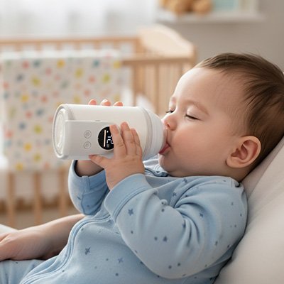 Bébé allongé confortablement buvant un biberon intelligent avec affichage numérique de la température, dans une chambre de bébé apaisa