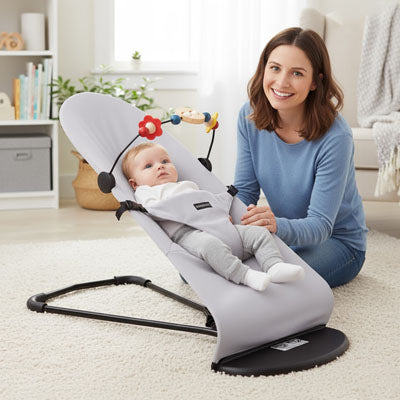 Une maman souriante assise à côté de son bébé confortablement installé dans un transat gris dans le salon lumineux.