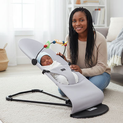 Une maman souriante accroupie à côté de son bébé qui dort dans un transat gris à l’intérieur d’un salon lumineux. Le transat est équipé d’un jouet suspendu coloré.