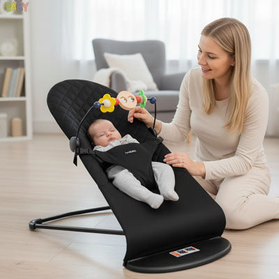Bébé allongé dans un transat noir, jouant avec un jouet suspendu, accompagné d’une femme souriante à côté, dans un salon lumineux.