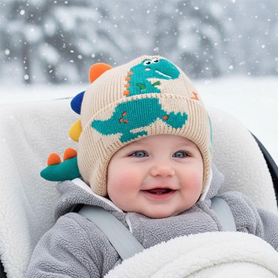 Bonnet bebe  avec oreilles de dinosaure 3D, bonnet en laine tricotée pour enfants 2-6 ans