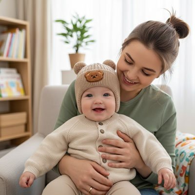 Bonnet bebe avec ours mignon, bonnet tricoté chaud avec protection des oreilles pour l’hiver