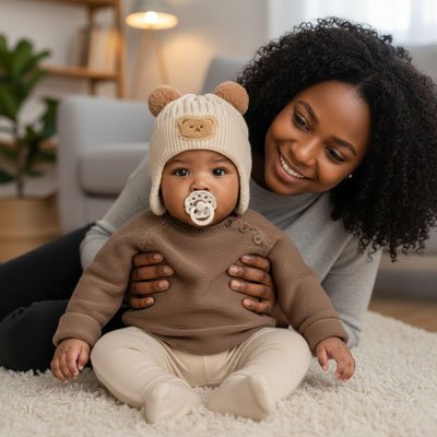 Bonnet bebe en laine avec ours mignon, bonnet chaud et confortable pour enfants