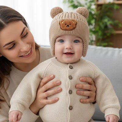 Bonnet bebe style coréen avec ours mignon, bonnet en laine doux et chaud pour hiver