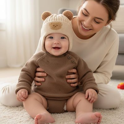Bonnet bebe tricoté avec motif ours, chapeau chaud pour protéger les oreilles du froid