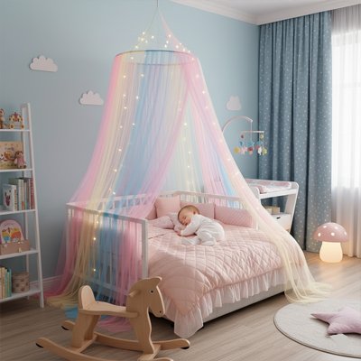 Ciel de lit d’enfant, rideau de berceau avec motif arc-en-ciel, décoration mignonne et pratique pour chambre