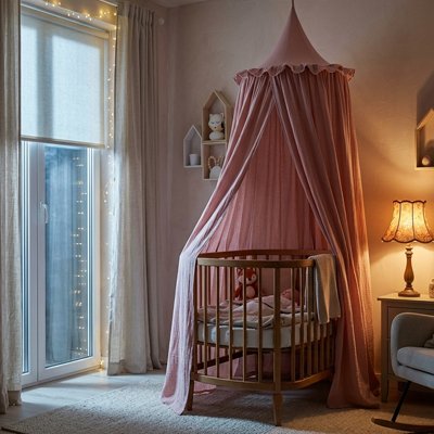 Ciel de lit pour bébé avec volants en mousseline, idéal pour décoration chambre fille ou garçon