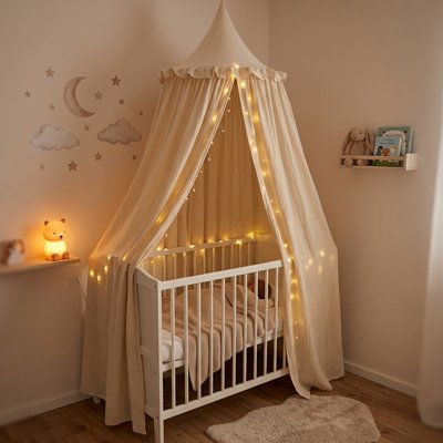 Ciel de lit suspendu en mousseline de coton pour lit bébé avec volants, décoration chambre enfant