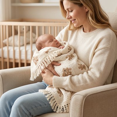 Couverture bébé douce avec motif ours idéale pour emmailloter un nouveau-né.