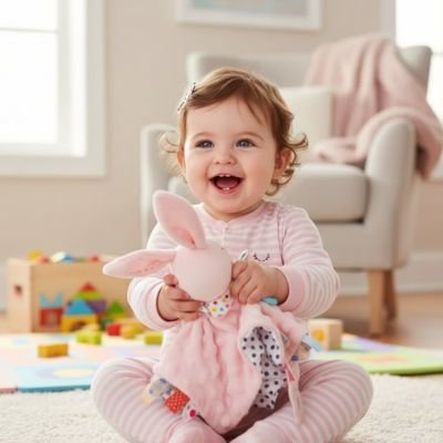 Doudou bebe avec anneau hochet, jouet apaisant pour bébé