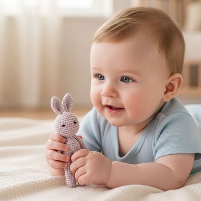 Doudou lapin artisanale en crochet, design kawaii, idéale pour chambre bébé et cadeau de naissance
