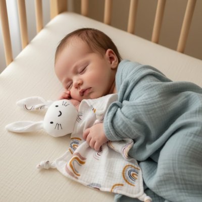 Doudou lapin avec longues oreilles, idéal pour apaiser et câliner