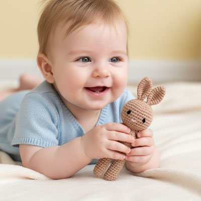 Doudou lapin crocheté à la main en coton naturel, cadeau parfait pour nourrisson et jeune enfant.