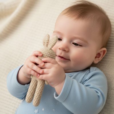 Doudou lapin en coton crocheté, doux et léger, adapté aux bébés et enfants dès la naissance.