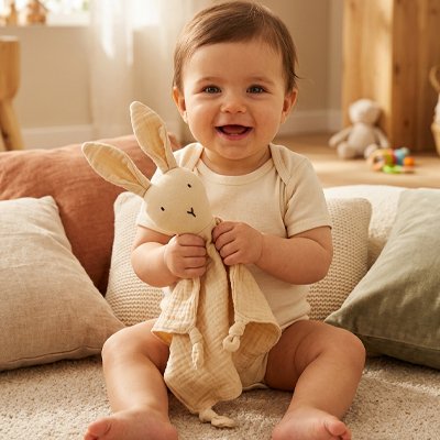 Doudou lapin en gaze de coton pour bébé, douce et respirante, idéale pour nouveau-né et couette de sommeil.