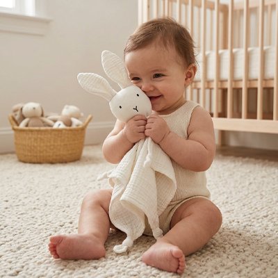 Doudou lapin pour bébé, hypoallergénique, adaptée pour nouveau-né et lit de bébé.