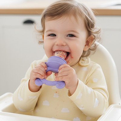 Grignoteuse bebe avec couvercle pour fruits, purées et sucettes maison