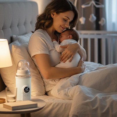 Maman assise sur son lit tenant tendrement son nouveau-né contre elle, avec un biberon intelligent affichant la température posé sur l
