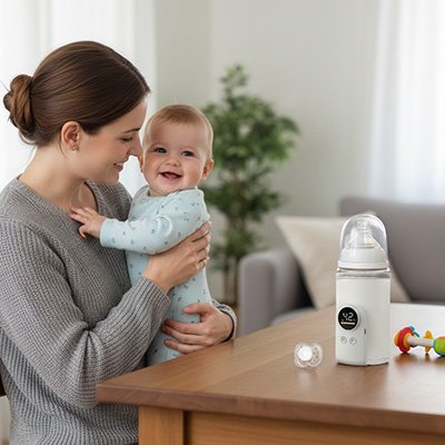  Maman souriante avec bébé et chauffe-biberon intelligent posé sur la table.