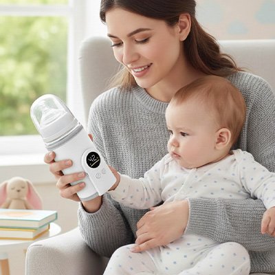 Maman tenant son bébé dans les bras pendant qu’il boit un biberon intelligent avec affichage de la température, dans un intérieur lumineux et co