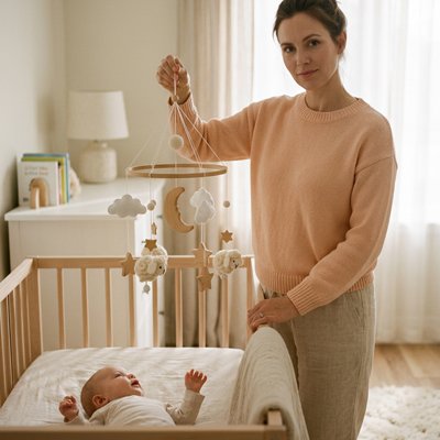Mobile bébé avec cloche et pendentifs étoiles en bois, décoration douce pour chambre de bébé