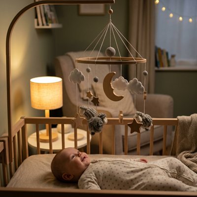 Mobile bébé avec support suspendu et décor étoiles, jouet en bois naturel pour lit de bébé