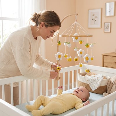 Mobile bébé en bois avec cloche et étoiles suspendues