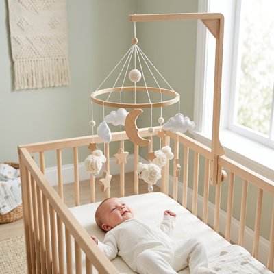 Mobile bébé pour berceau avec étoiles en bois et hochet, mobile apaisant pour nouveau-né
