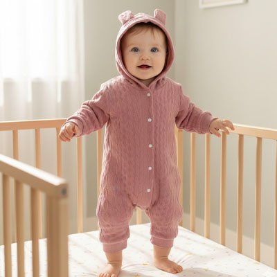 	Pyjama bebe automne-hiver 0-18 mois, barboteuse confortable à capuche, modèle unisexe avec détails oreilles adorables.