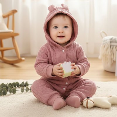 	Pyjama bebe chaude et douce, à manches longues et capuche oreilles, adaptée aux garçons et aux filles pour la saison froide.