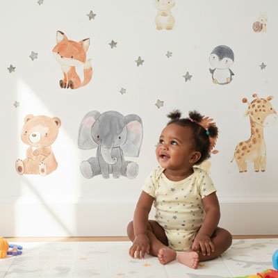 Stickers muraux  chambre enfant animaux d’Afrique mignons en illustration aquarelle