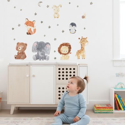 Stickers muraux  décoratifs animaux africains style dessin animé pour décoration de chambre bébé