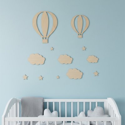 Stickers muraux en bois mignonne – Stickers ballon à air chaud, nuages et étoiles pour chambre d’enfant