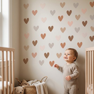Stickers muraux en vinyle avec petits cœurs boho, idéale pour chambre de bébé, crèche ou salle de jeux