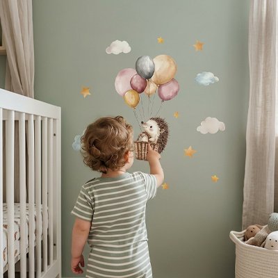 Stickers muraux hérisson avec ballon à air chaud pour décoration intérieure
